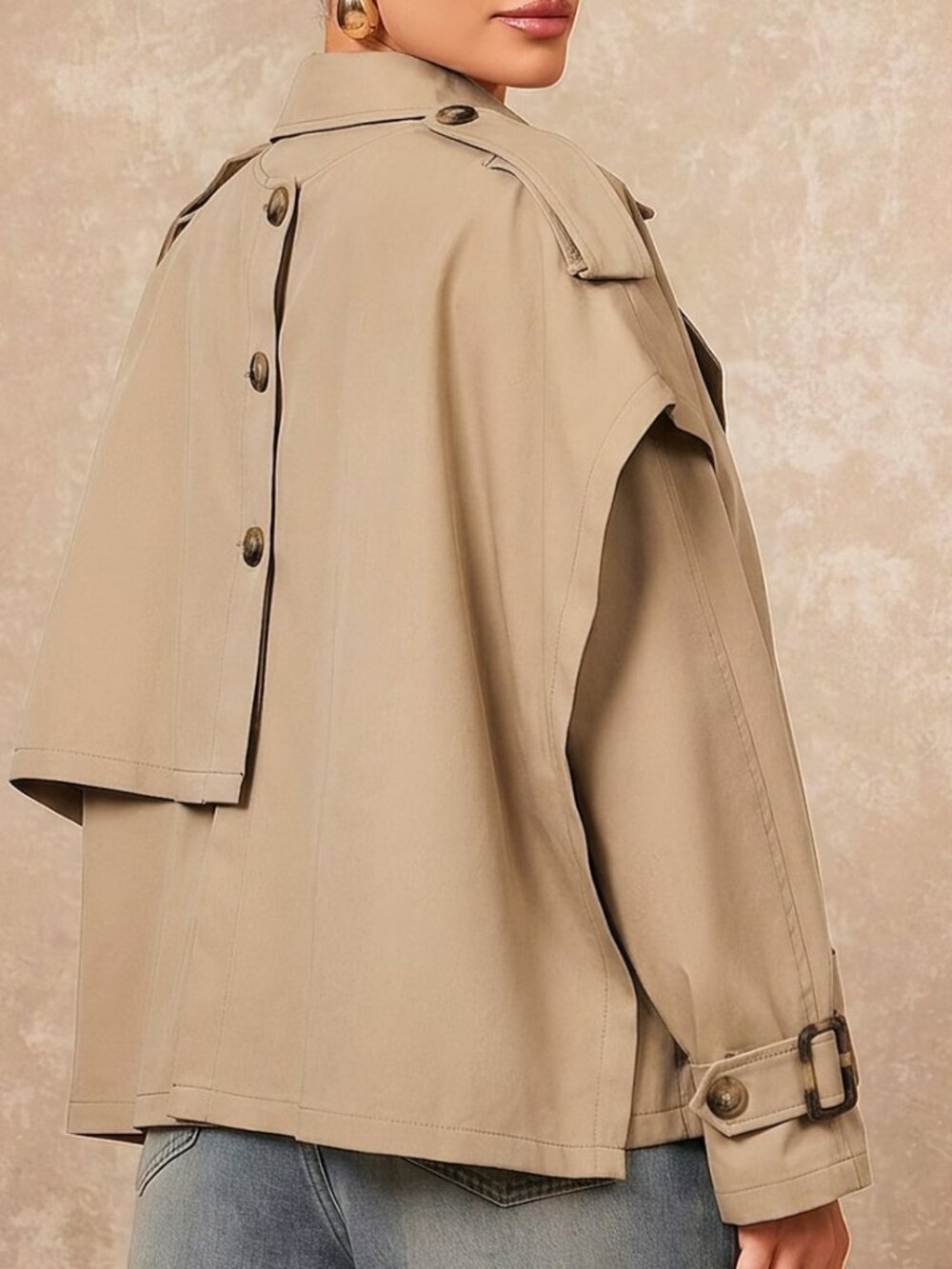Khaki Elegant Women's Asymmetrical Batwing Long Trench Coat - Picture 2 of 6